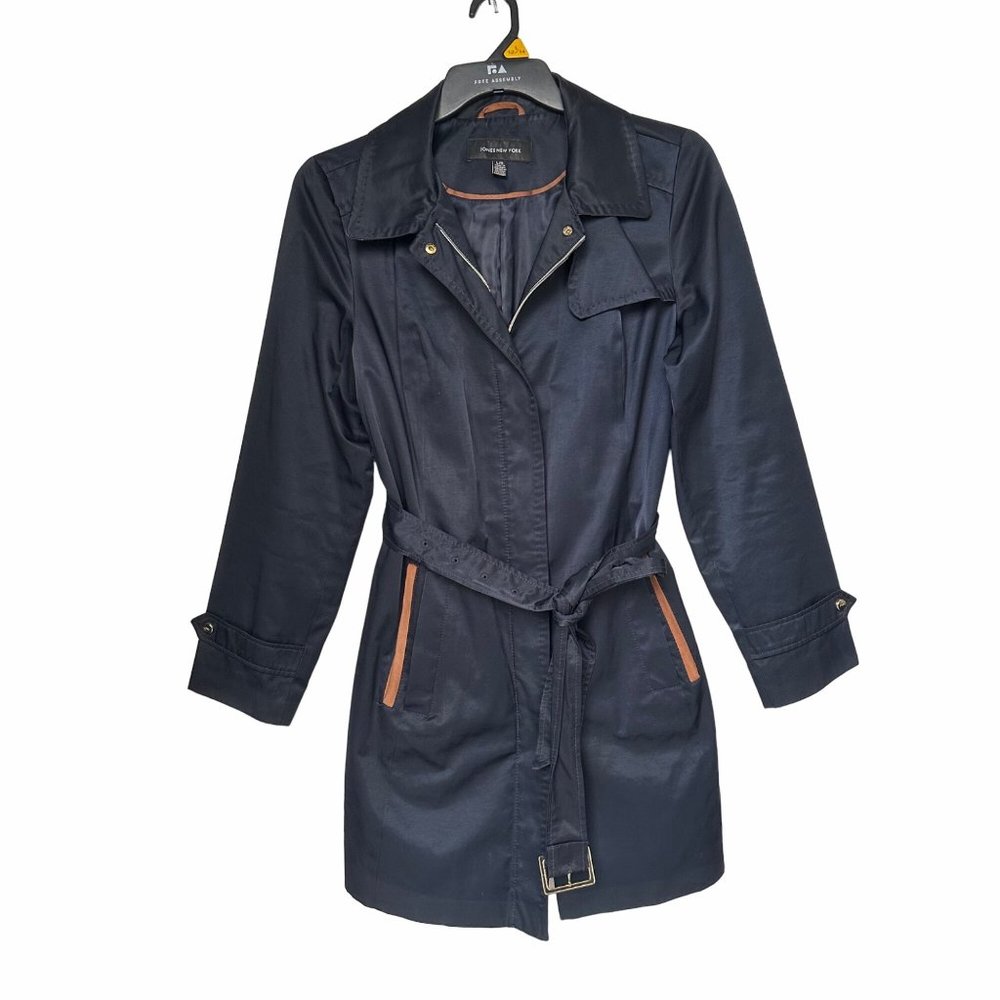 Sz M Womens Jones New York Trench Coat Mid Length Navy Belt Vent Full Zip satin - Picture 1 of 11